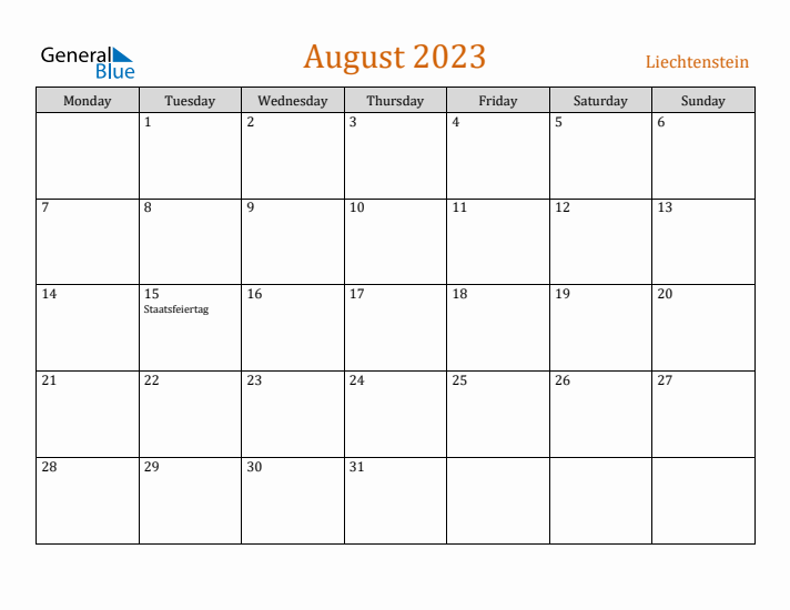 August 2023 Holiday Calendar with Monday Start