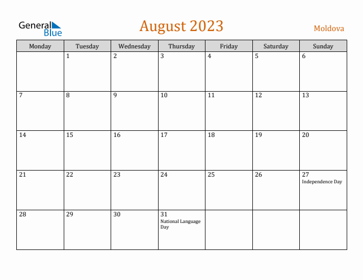 August 2023 Holiday Calendar with Monday Start