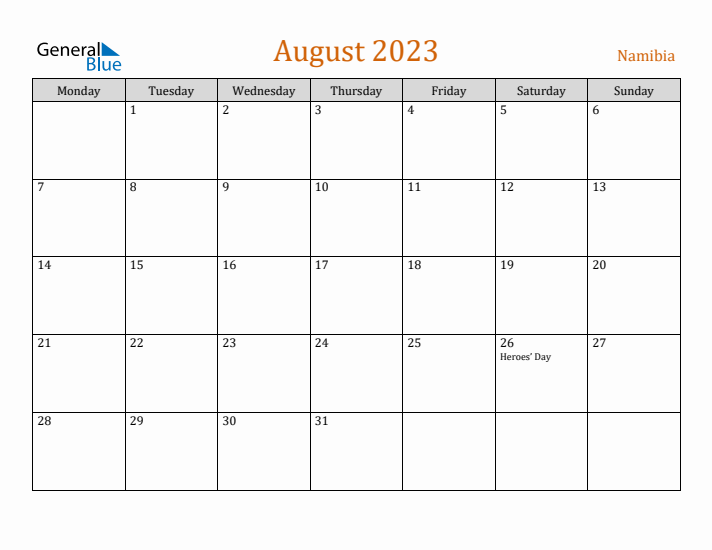 August 2023 Holiday Calendar with Monday Start