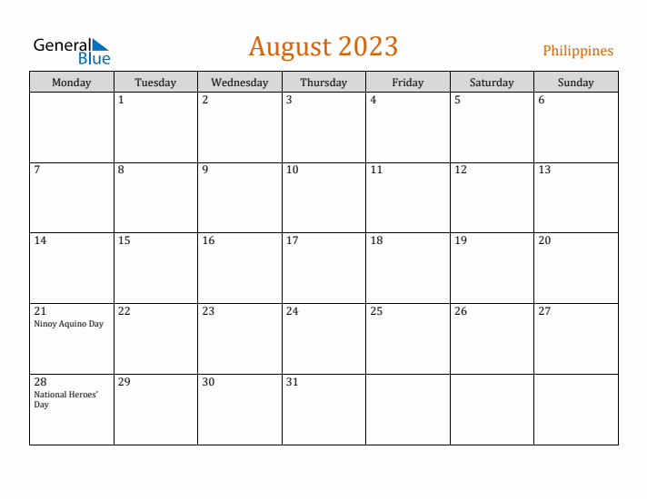 August 2023 Holiday Calendar with Monday Start