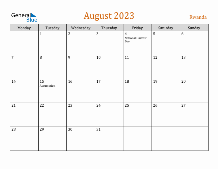 August 2023 Holiday Calendar with Monday Start