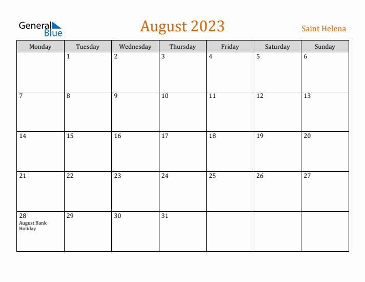 August 2023 Holiday Calendar with Monday Start