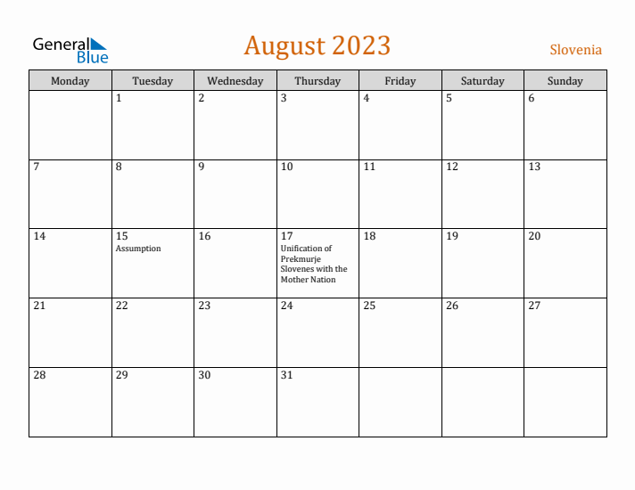 August 2023 Holiday Calendar with Monday Start