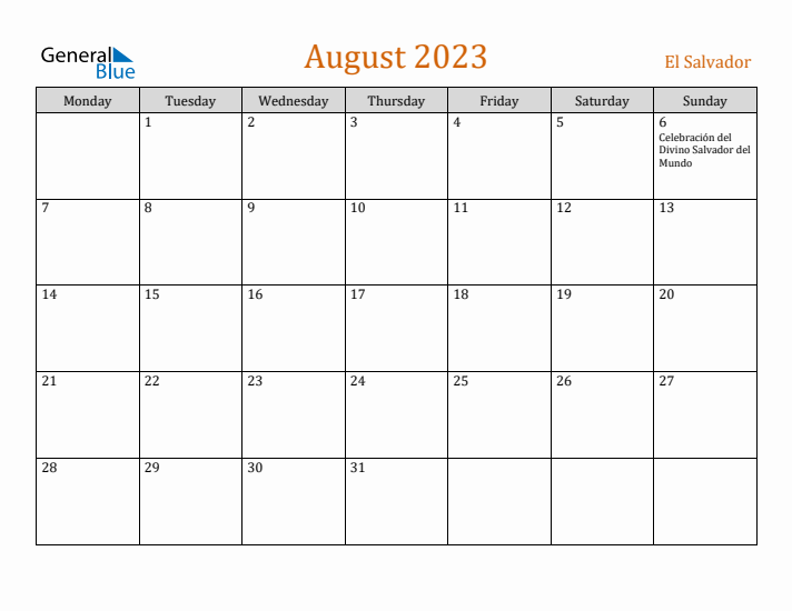 August 2023 Holiday Calendar with Monday Start