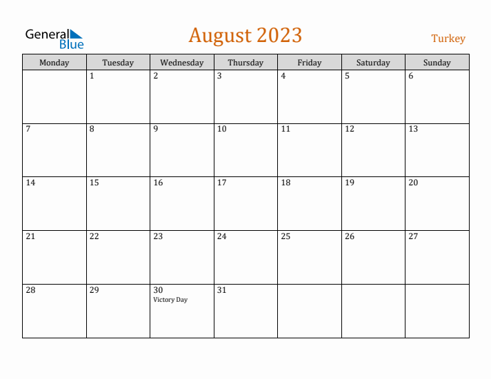 August 2023 Holiday Calendar with Monday Start