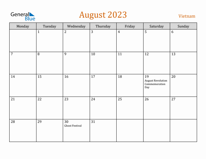 August 2023 Holiday Calendar with Monday Start