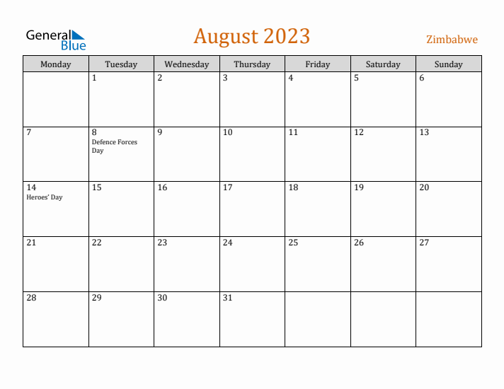 August 2023 Holiday Calendar with Monday Start