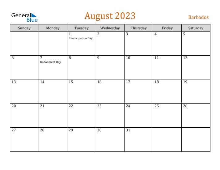 August 2023 Holiday Calendar with Sunday Start