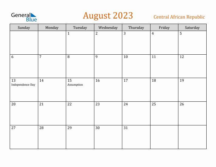 August 2023 Holiday Calendar with Sunday Start