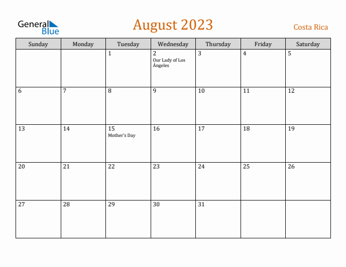 August 2023 Holiday Calendar with Sunday Start