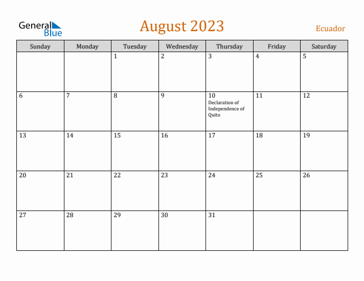 August 2023 Holiday Calendar with Sunday Start