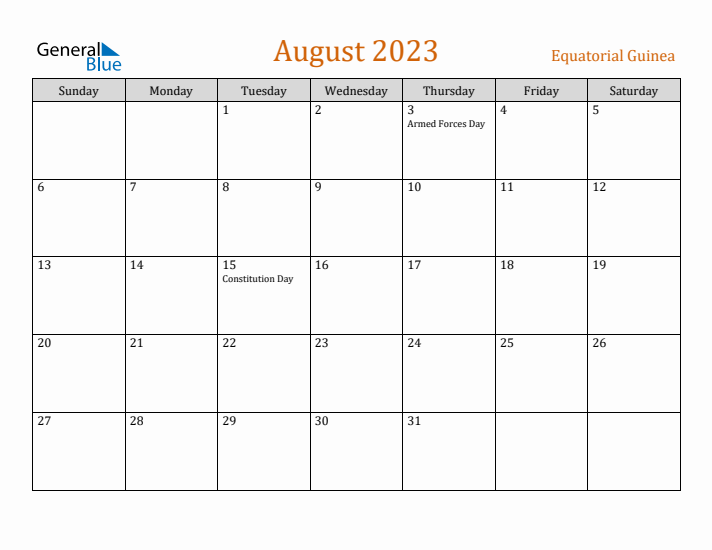 August 2023 Holiday Calendar with Sunday Start