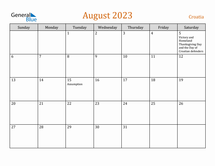 August 2023 Holiday Calendar with Sunday Start