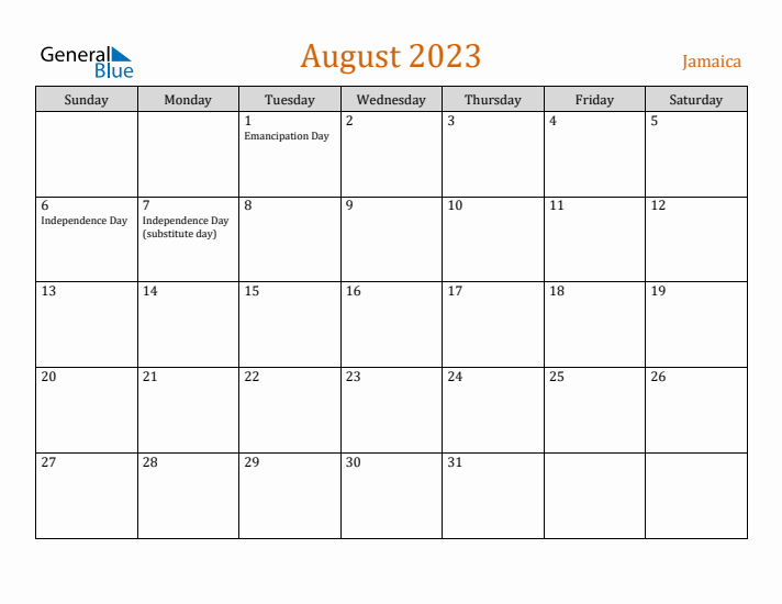 August 2023 Holiday Calendar with Sunday Start