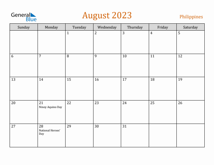 August 2023 Holiday Calendar with Sunday Start