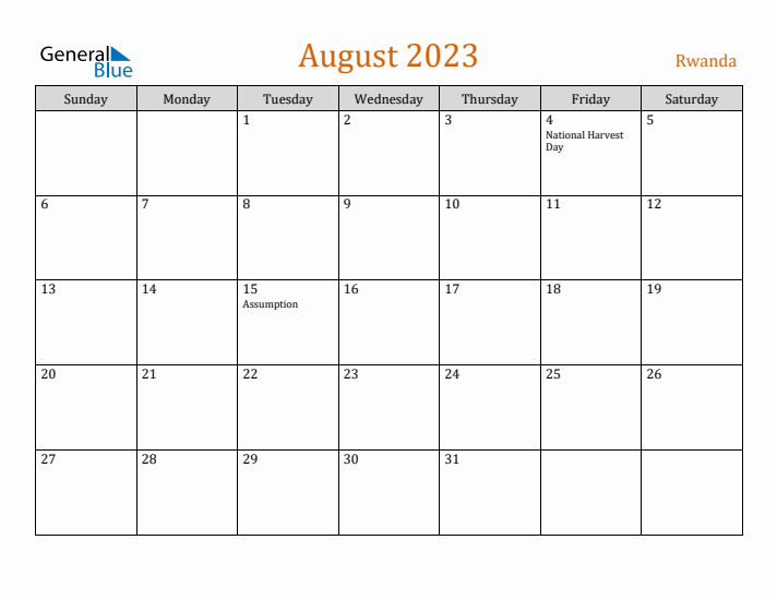 August 2023 Holiday Calendar with Sunday Start