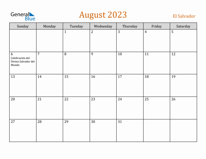 August 2023 Holiday Calendar with Sunday Start