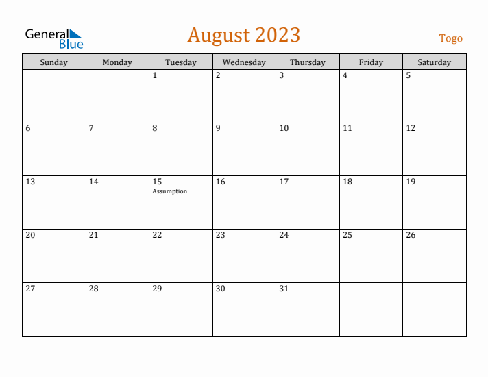 August 2023 Holiday Calendar with Sunday Start