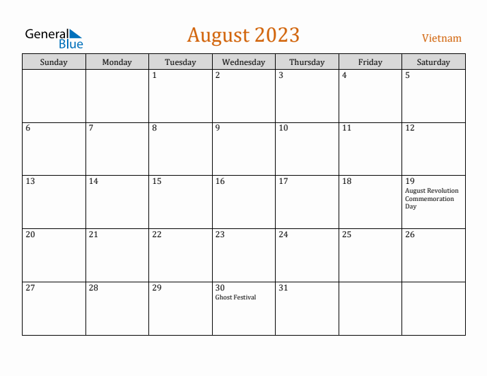 August 2023 Holiday Calendar with Sunday Start