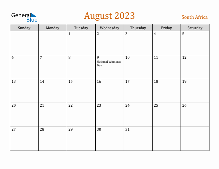 August 2023 Holiday Calendar with Sunday Start