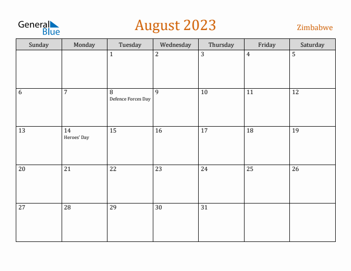 August 2023 Holiday Calendar with Sunday Start