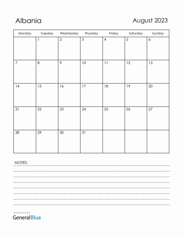 August 2023 Albania Calendar with Holidays (Monday Start)