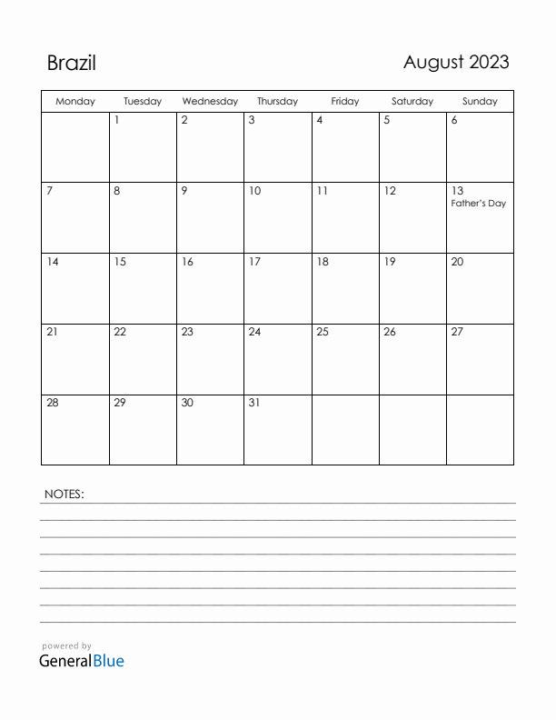 August 2023 Brazil Calendar with Holidays (Monday Start)