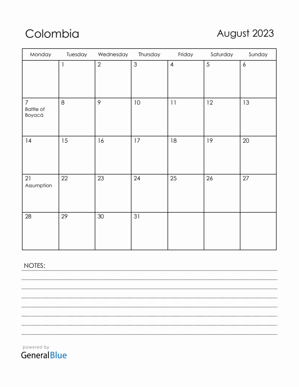 August 2023 Colombia Calendar with Holidays (Monday Start)