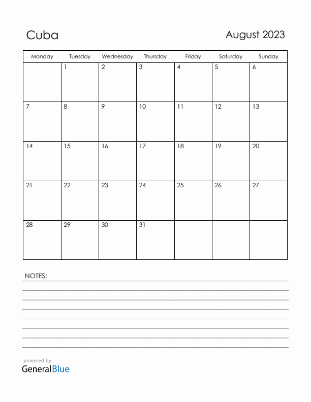 August 2023 Cuba Calendar with Holidays (Monday Start)