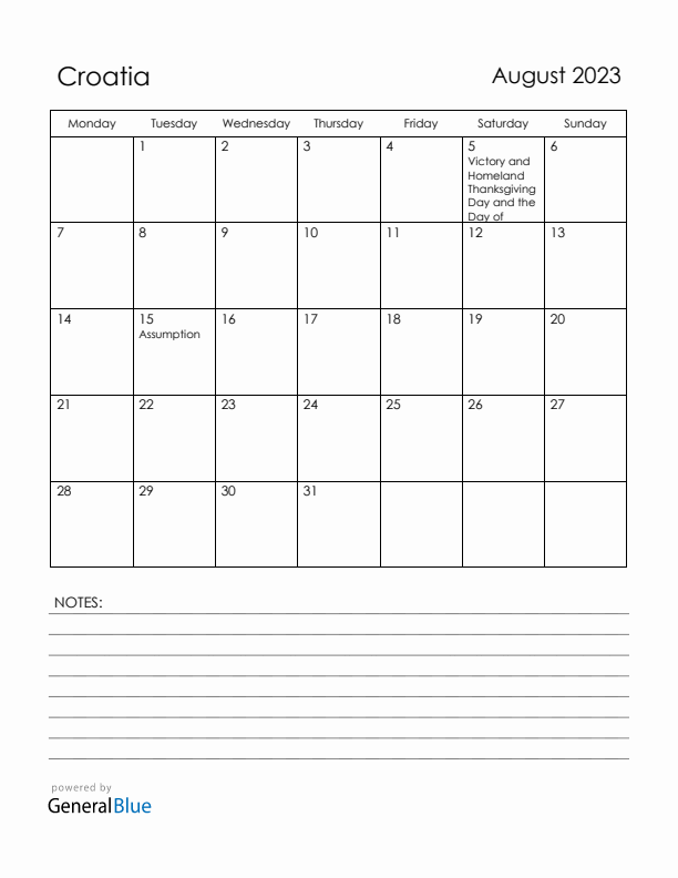 August 2023 Croatia Calendar with Holidays (Monday Start)