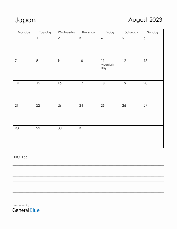 August 2023 Japan Calendar with Holidays (Monday Start)