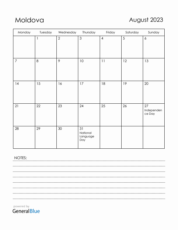 August 2023 Moldova Calendar with Holidays (Monday Start)