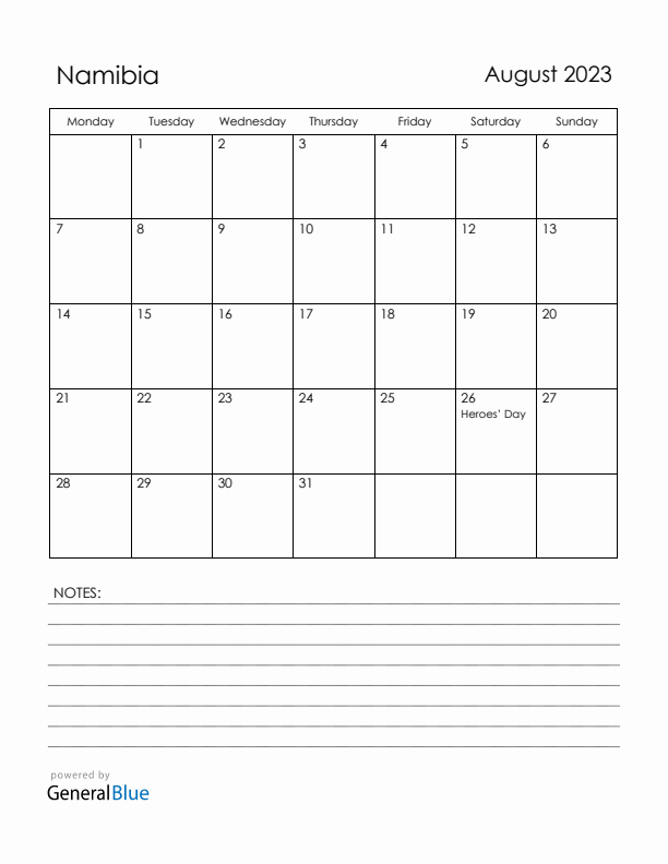 August 2023 Namibia Calendar with Holidays (Monday Start)