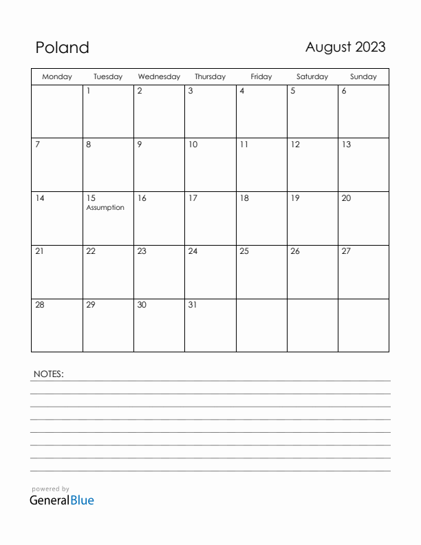 August 2023 Poland Calendar with Holidays (Monday Start)