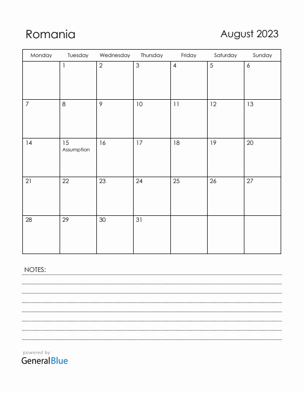 August 2023 Romania Calendar with Holidays (Monday Start)