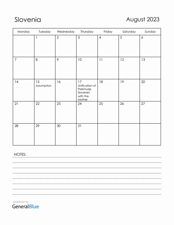 August 2023 Slovenia Calendar with Holidays (Monday Start)