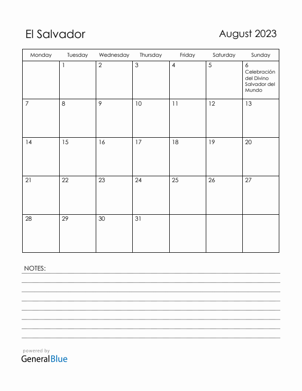 August 2023 El Salvador Calendar with Holidays (Monday Start)