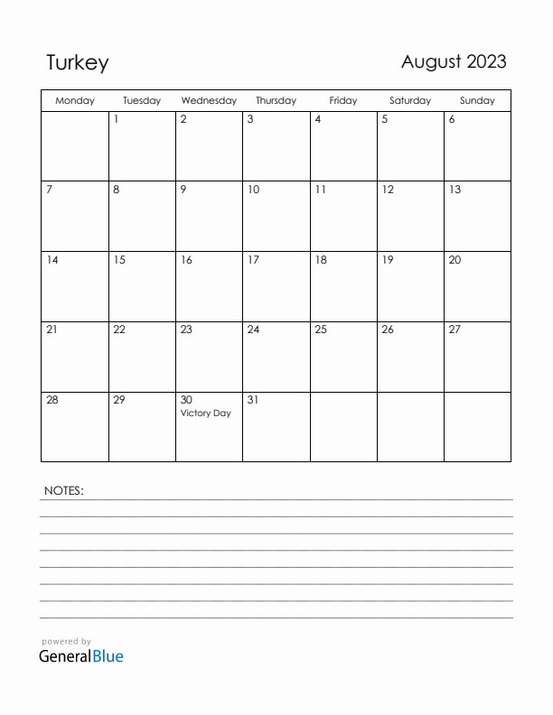 August 2023 Turkey Calendar with Holidays (Monday Start)