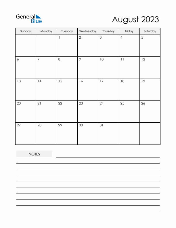 Printable Calendar with Notes - August 2023 