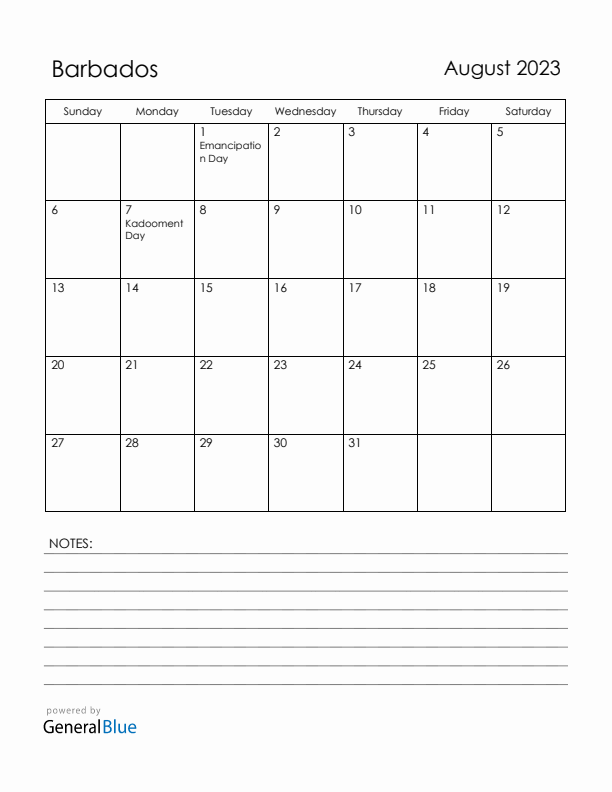 August 2023 Barbados Calendar with Holidays (Sunday Start)