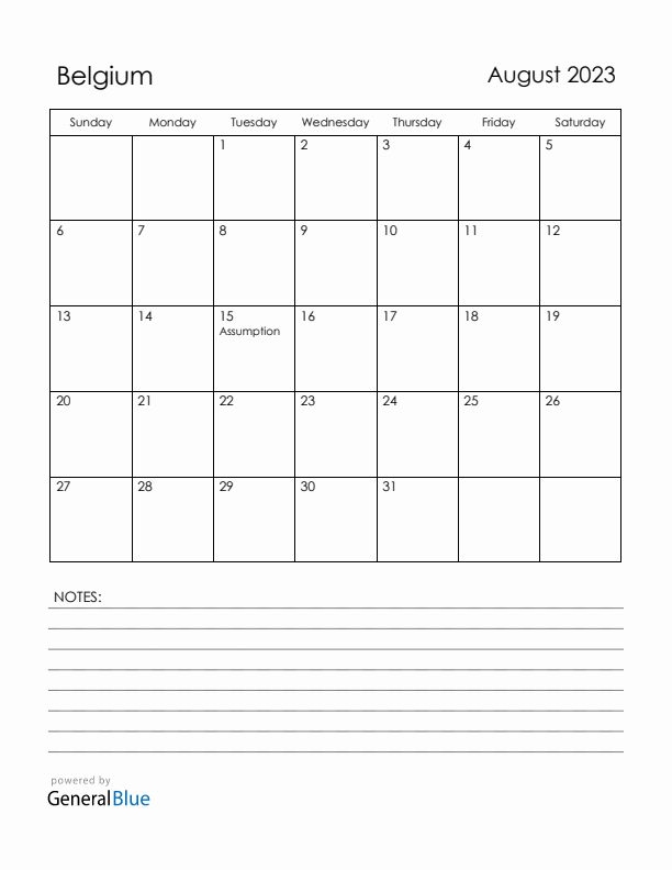 August 2023 Belgium Calendar with Holidays (Sunday Start)