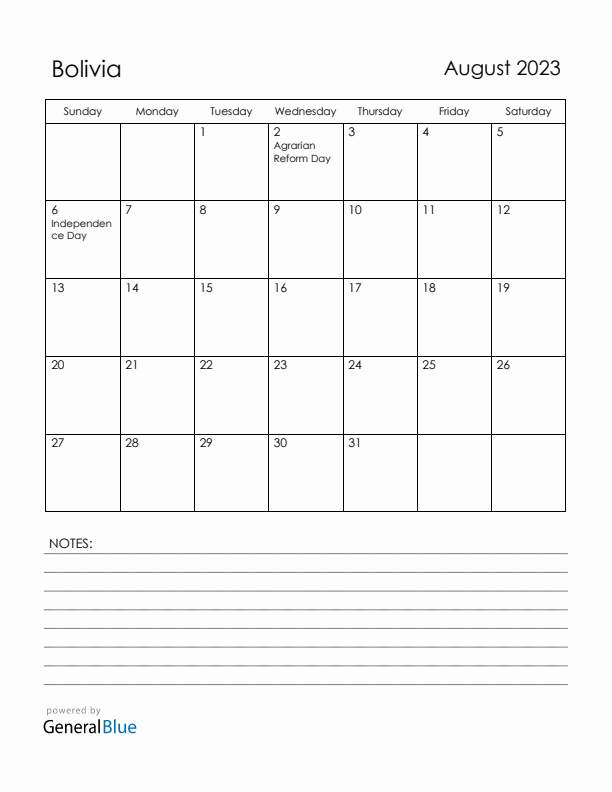 August 2023 Bolivia Calendar with Holidays (Sunday Start)