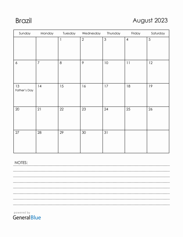 August 2023 Brazil Calendar with Holidays (Sunday Start)
