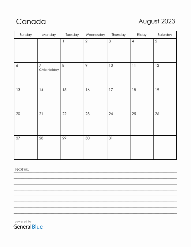 August 2023 Canada Calendar with Holidays (Sunday Start)
