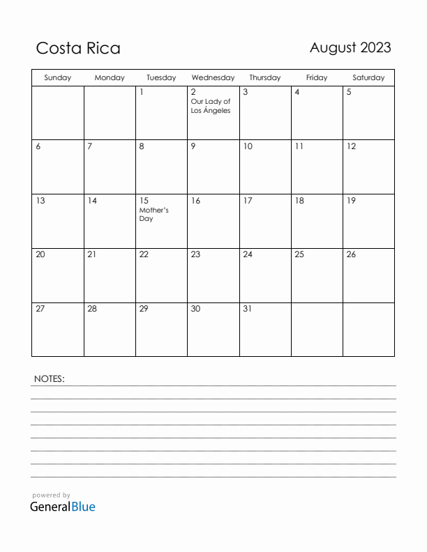 August 2023 Costa Rica Calendar with Holidays (Sunday Start)