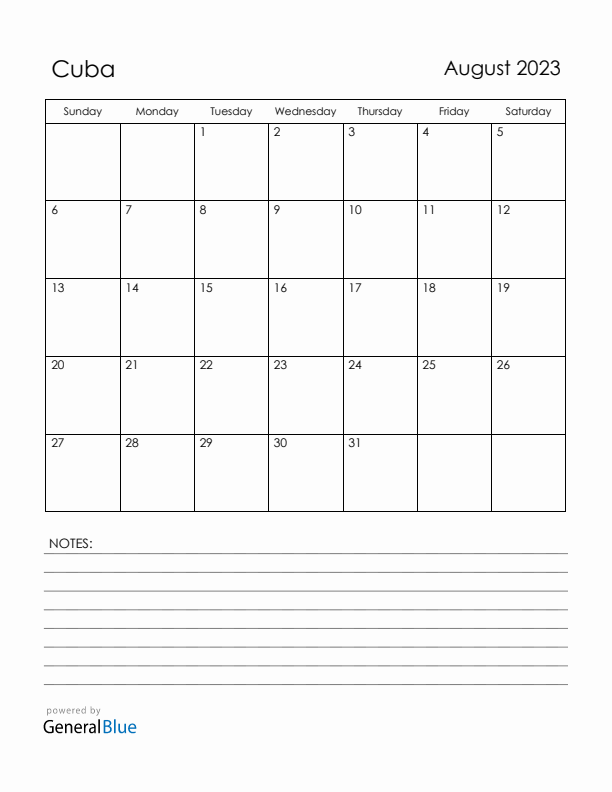 August 2023 Cuba Calendar with Holidays (Sunday Start)