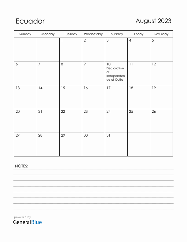 August 2023 Ecuador Calendar with Holidays (Sunday Start)