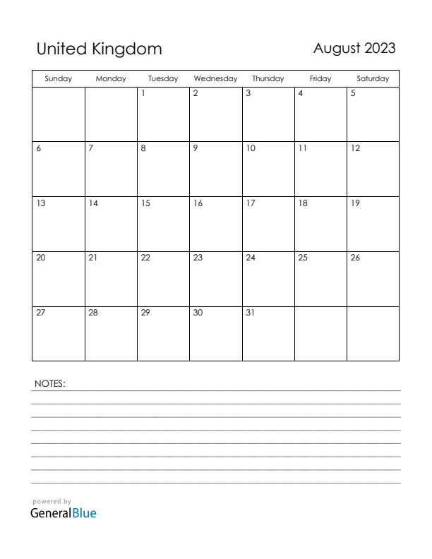 August 2023 United Kingdom Calendar with Holidays (Sunday Start)