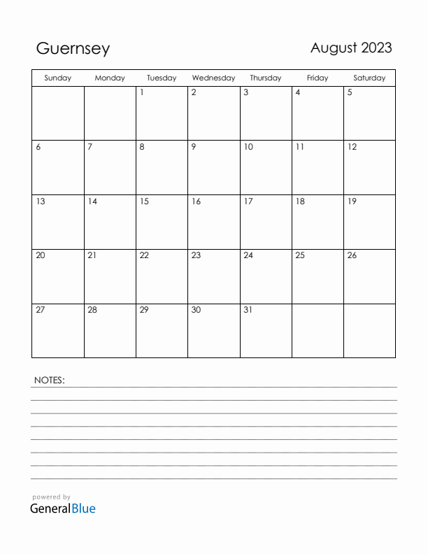 August 2023 Guernsey Calendar with Holidays (Sunday Start)