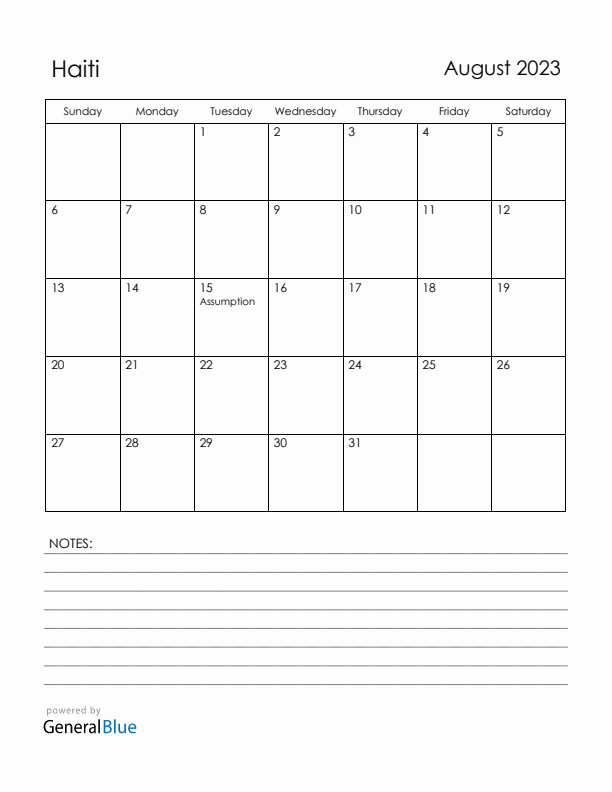 August 2023 Haiti Calendar with Holidays (Sunday Start)